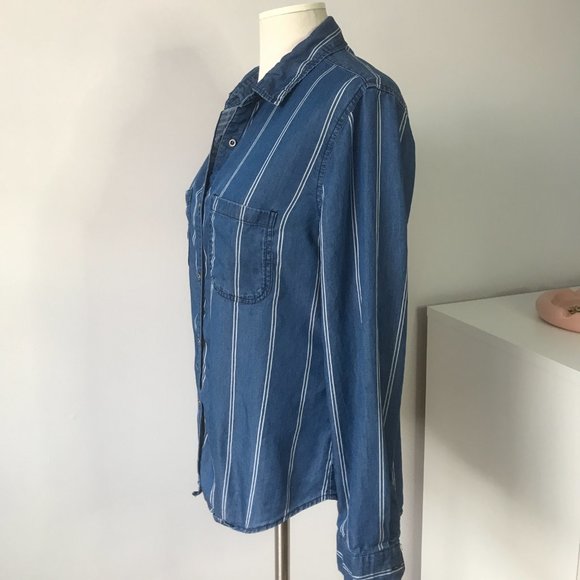 Blue White Striped Button Down Blouse - Picture 3 of 8